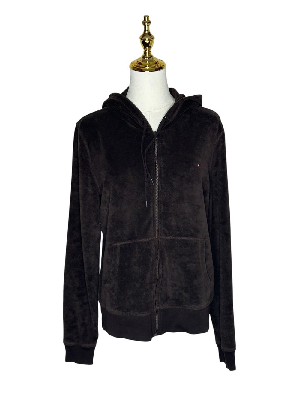 Tommy Hilfiger Chocolate Brown Y2K Velour Zip-Up Hoodie Jacket Sz L Athleisure
